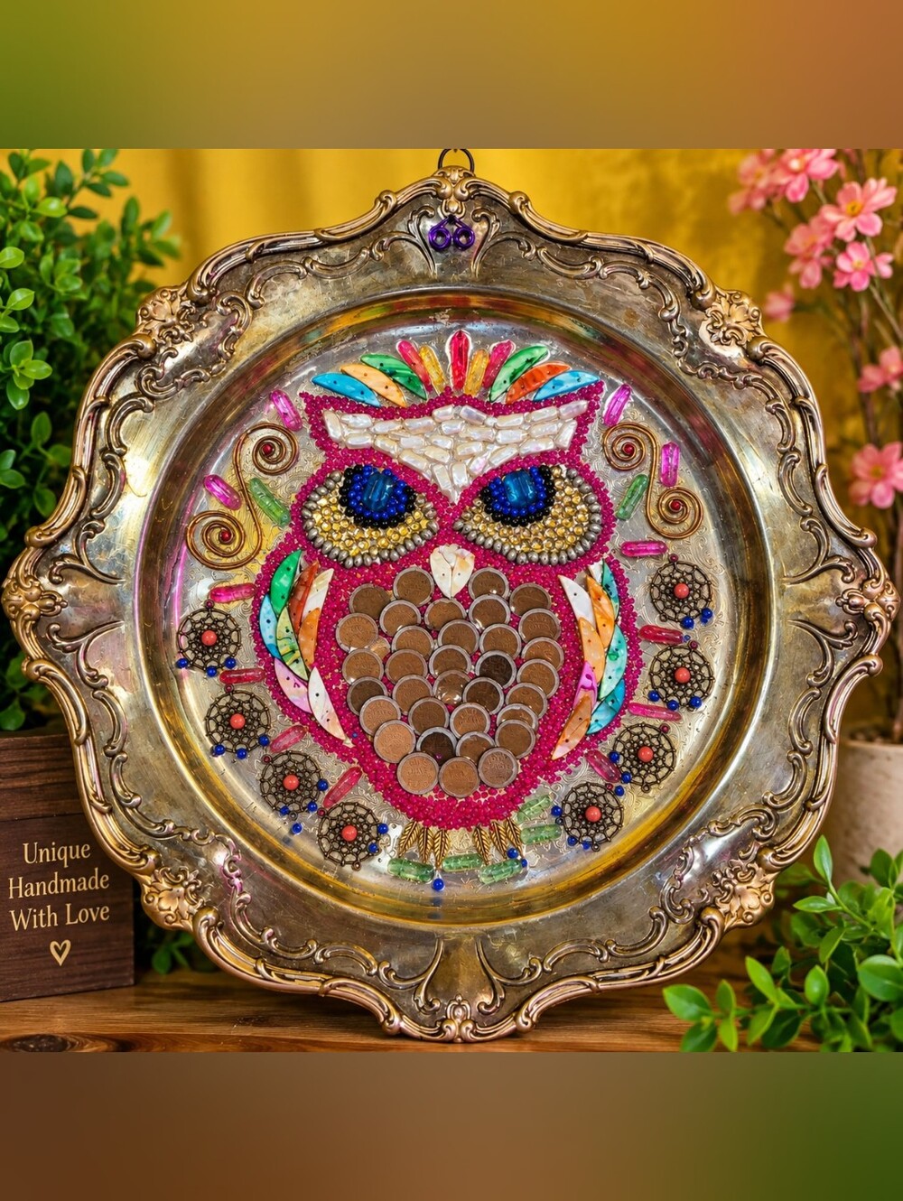 Handmade Mixed Media Owl Wall Art – Penny & Beaded Decorative Tray – $245